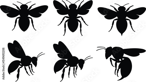 Silhouette vector illustration of bees in various positions and angles isolated on white background