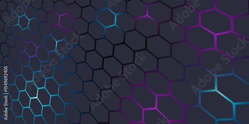 Dark gray 3D hexagonal technology vector abstract background. Blue and pink energy flashes under hexagon in modern technology futuristic background vector illustration. Grey honeycomb texture grid.