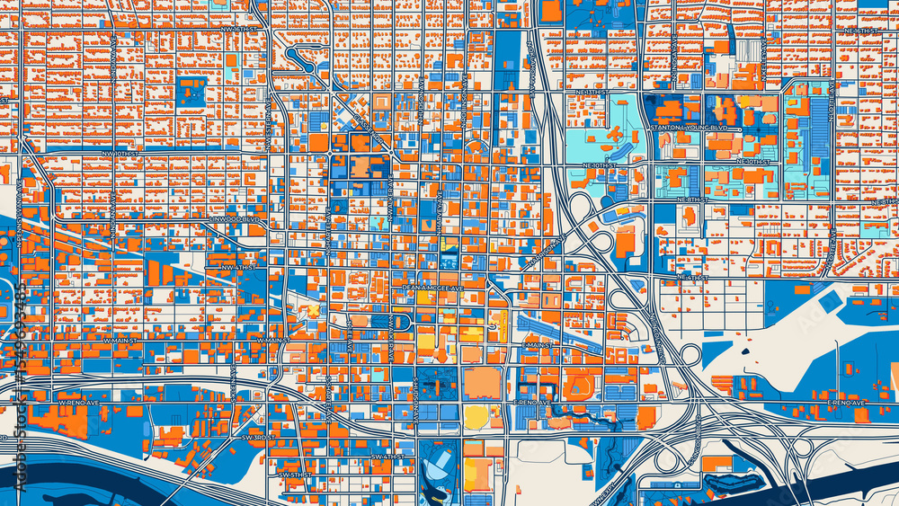 Fototapeta premium Colorful Oklahoma City Street Map with Labels and Buildings