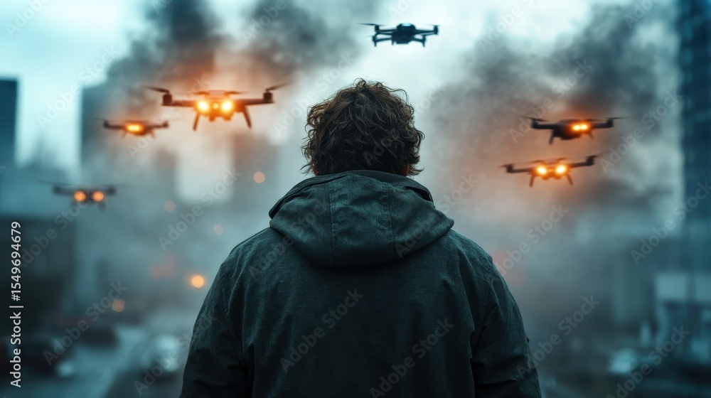 Naklejka premium A person watches with a worried expression as drones hover overhead in a smoky urban scene, reflecting themes of surveillance, technology, and modern anxiety.