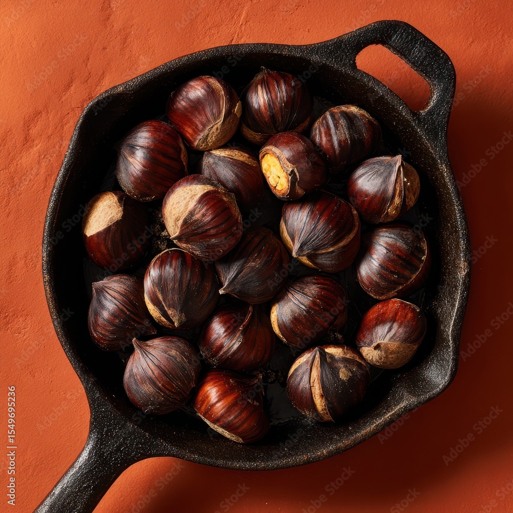 Obraz premium Roasted chestnuts in a cast iron pan on orange background