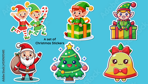 Cartoon Christmas Stickers Featuring Elves Santa Claus a Tree and a Bell on a Blue Background