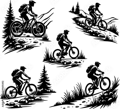 Mountain Biking Silhouettes in Forest Trails vector bundle
