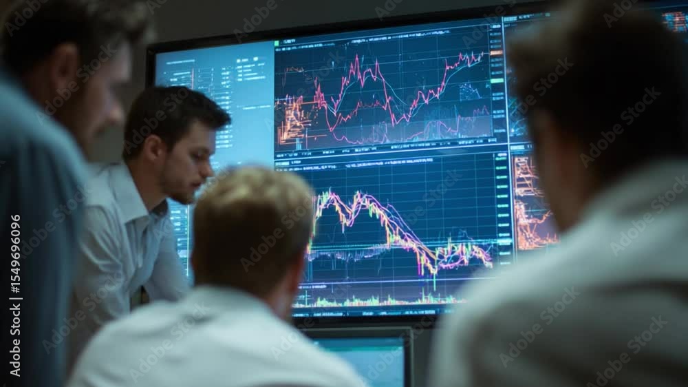Market Analysis Team: Professionals huddle around a dynamic display, their faces etched with concentration as they analyze complex financial data, indicators of the current market Market Analysis Team: Professionals huddle around a dynamic display, their faces etched with concentration as they analyze complex financial data, indicators of the current market