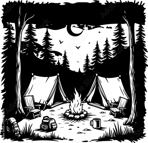 Mountain Camping Scene with Tent, Campfire, and  vector 