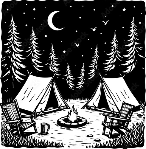 Mountain Camping Scene with Tent, Campfire, and  vector 
