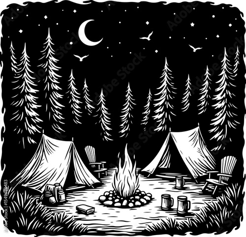 Mountain Camping Scene with Tent, Campfire, and  vector 