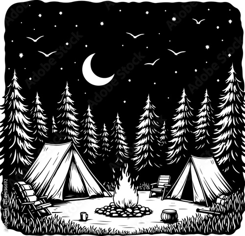 Mountain Camping Scene with Tent, Campfire, and  vector 