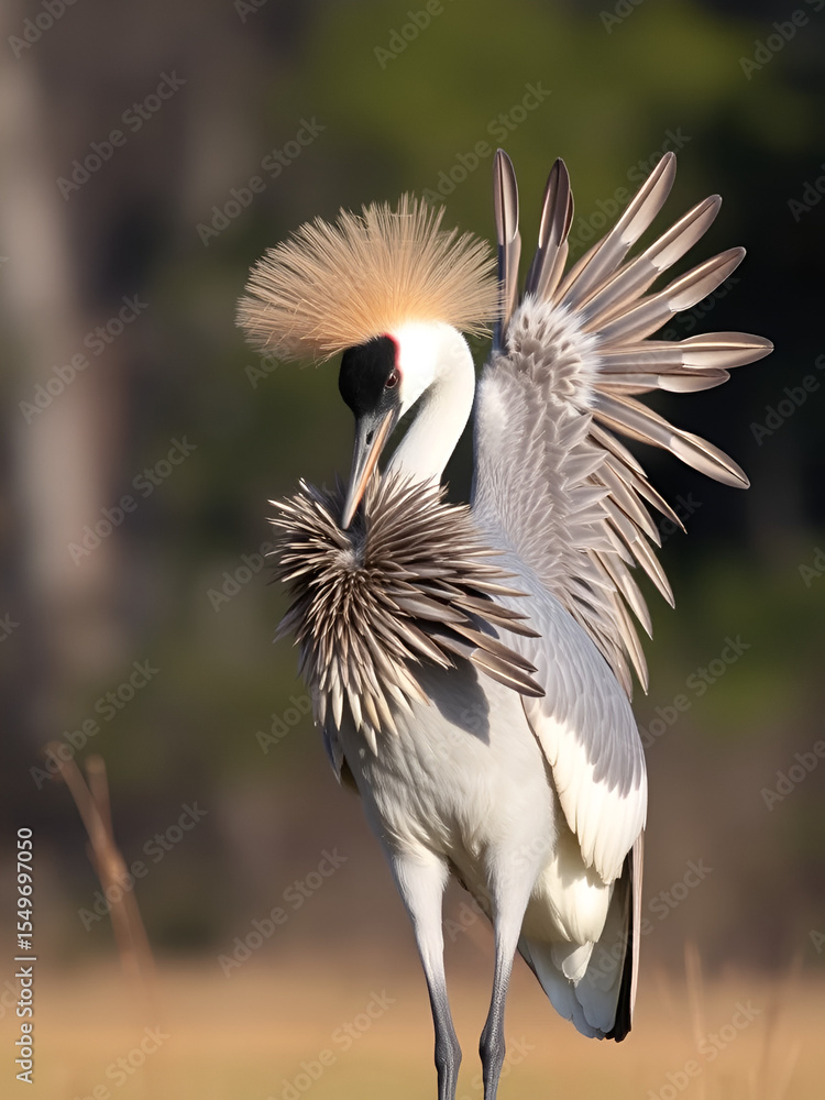 Fototapeta premium A sandhill crane fluffs its feathers, before setting them into perfect arrangement.