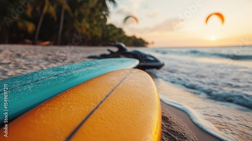 Two vibrant surfboards rest on a sandy beach near the ocean waves, beautifully illuminated by a sunset and dotted with kites, symbolizing adventure and leisure by the water.