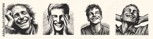 Vector bundle of joyful smiling person in black halftone stipple style – dotted illustration with vintage retro engraving effect, emotional expression art design element