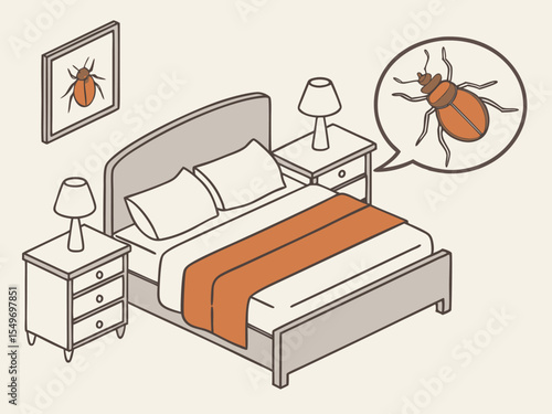 Flat design of cozy bedroom featuring potted plants lamps and bed bug alert