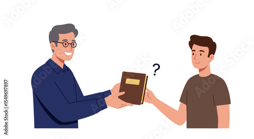 Generational knowledge sharing scene with older adult passing book to young man vector illustration