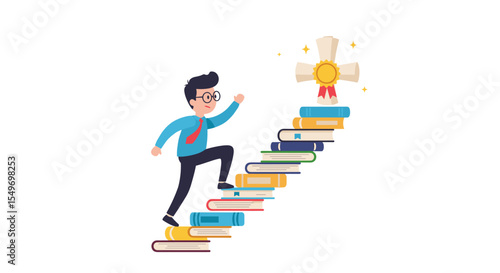 Achievement and success concept illustration with businessman climbing book staircase to golden trophy vector illustration