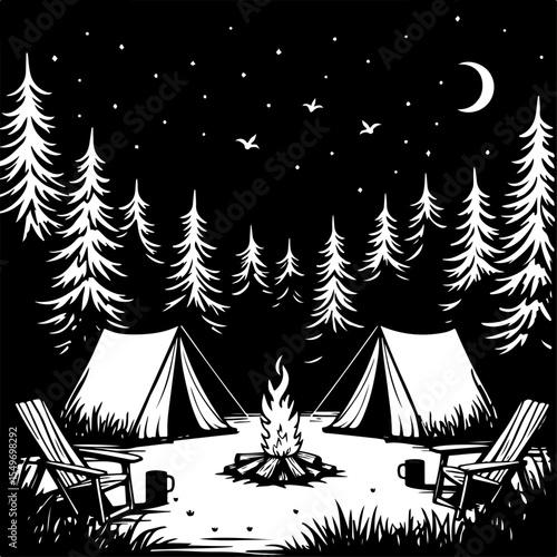 Mountain Camping Scene with Tent, Campfire, and  vector 