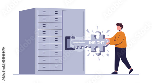 Gaining insight through unlocking information: puzzle key to filing cabinet concept vector for data security and analysis vector illustration