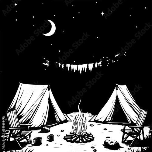 Mountain Camping Scene with Tent, Campfire, and  vector 
