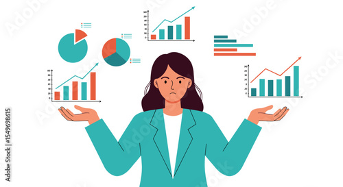 Business analysis concept with confused analyst and data charts for presentation design vector illustration