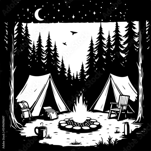 Mountain Camping Scene with Tent, Campfire, and  vector 