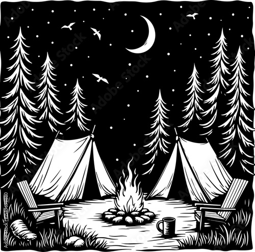 Mountain Camping Scene with Tent, Campfire, and  vector 