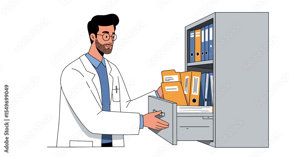 Medical professional organizing files in cabinet for efficient record management vector illustration Medical professional organizing files in cabinet for efficient record management vector illustration