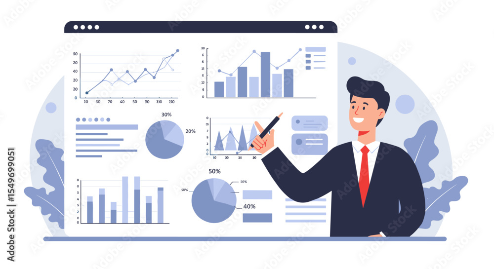 Fototapeta premium Business analytics presentation with graphs and charts for data analysis and strategy planning vector illustration