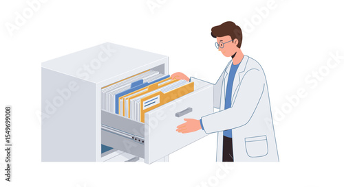 Medical professional organizing files in cabinet - office management illustration for clinic use vector illustration