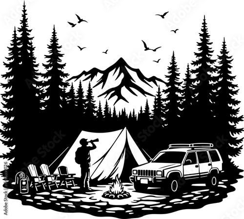 Mountain Camping Scene with Tent, Campfire, and  vector 