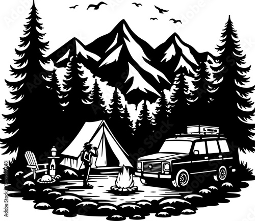 Mountain Camping Scene with Tent, Campfire, and  vector 