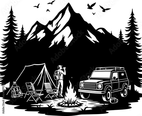 Mountain Camping Scene with Tent, Campfire, and  vector 