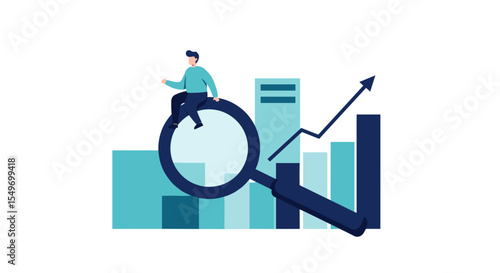 Business growth analysis concept with magnifying glass and arrow for analytics and strategy vector illustration