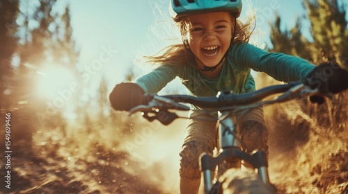 Fototapeta Naklejka Na Ścianę i Meble -  A girl joyfully rides her bicycle through a sunny forest trail, her laughter echoing through the trees, highlighting the playful spirit of childhood and the freedom of outdoor adventures.