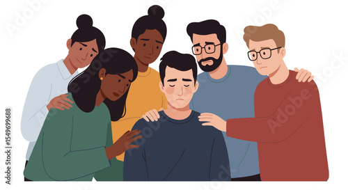 Supportive friends comforting a sad person in a warm and understanding environment vector illustration
