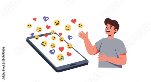 Young man engaging with floating emojis from smartphone in social media interaction concept vector illustration