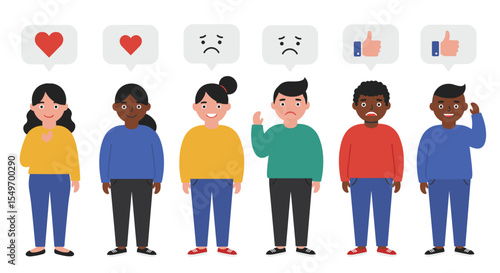 Emotions and feedback concept with diverse characters for educational design vector illustration