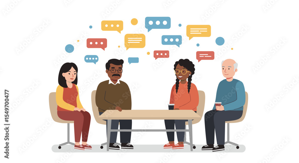 Fototapeta premium Diverse group discussion in a friendly setting with speech bubbles for communication design vector illustration