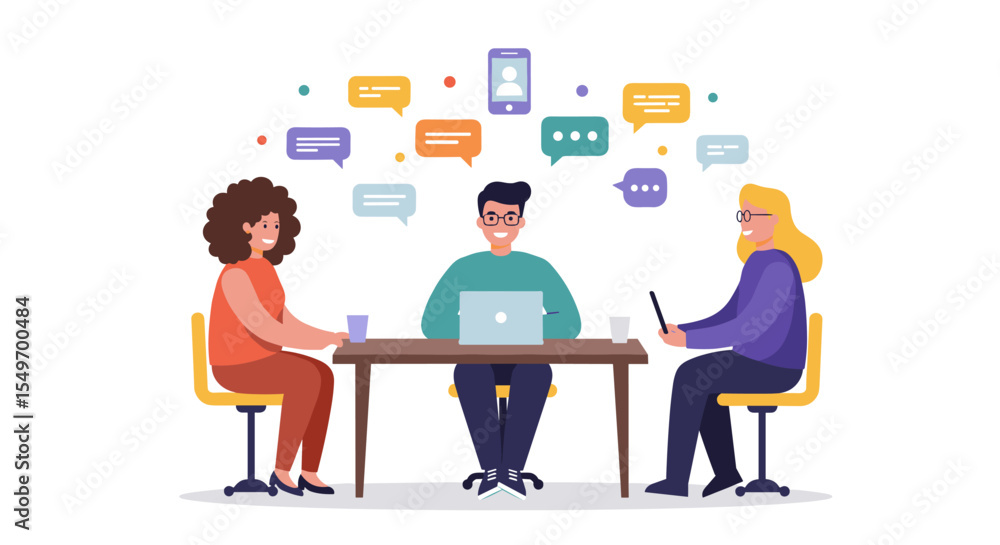 Collaborative team meeting with people working on laptops and devices in an office setting vector illustration Collaborative team meeting with people working on laptops and devices in an office setting vector illustration