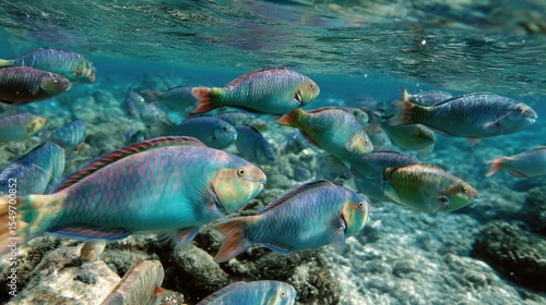 Emerald parrotfish amidst schools of silver sprat in softly blurred crystal-clear lagoon waters