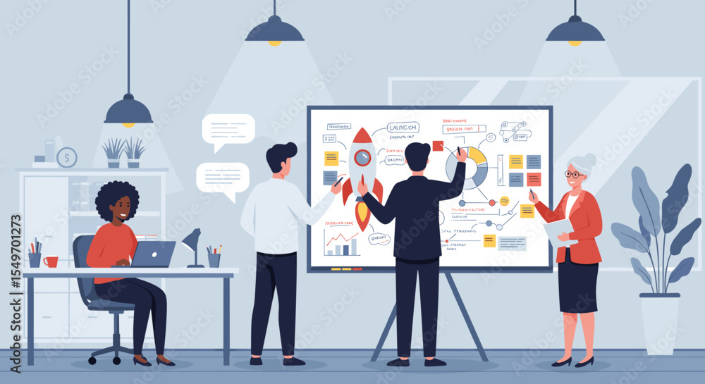 Business team collaborating in modern office for project planning and strategy development vector illustration Business team collaborating in modern office for project planning and strategy development vector illustration