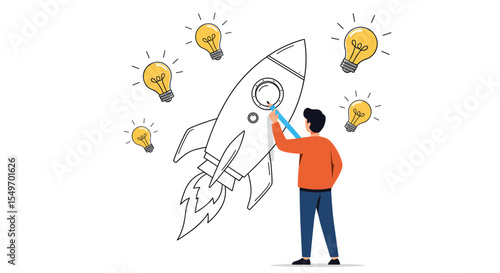 Creative innovation concept with man designing rocket and light bulbs for inspiration design vector illustration