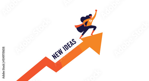 Empowering new ideas concept with superhero figure on upward arrow graph for design and inspiration vector illustration