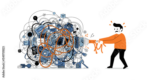 Overwhelmed by complex technology and data chaos in network connections vector illustration