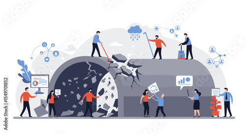 Team collaboration and breaking barriers in business for innovation and growth vector illustration