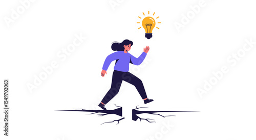 Overcoming challenges concept with woman walking across cracks towards light bulb symbolizing innovation vector illustration