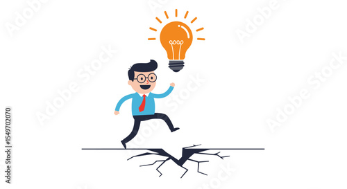 Innovative problem solving concept with light bulb and businessman crossing cracked ground vector illustration