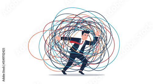 Businessman trapped in confusion and chaos concept - illustration for stress and problem solving vector illustration