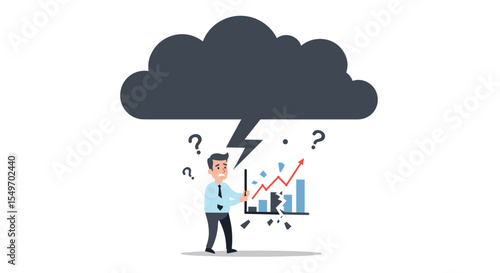 Business crisis concept illustration with confused businessman facing declining graph and dark cloud vector illustration