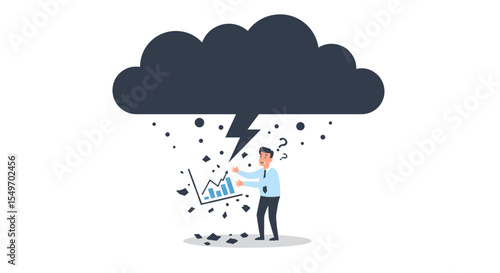 Business crisis concept with man facing financial storm and falling graphs for illustration design vector illustration
