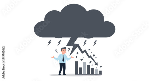 Economic crisis concept with businessman under storm cloud and falling graph for financial analysis design vector illustration