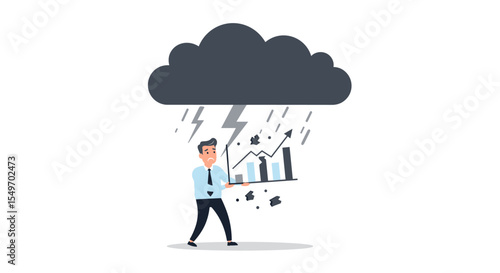 Businessman struggling with financial crisis during storm in vector illustration